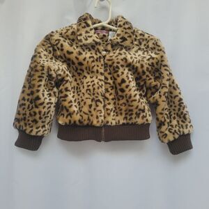 Kids HQ Faux Fur Bomber Jacket Leopard Print Knit Waist Cuffs Full Zip 4